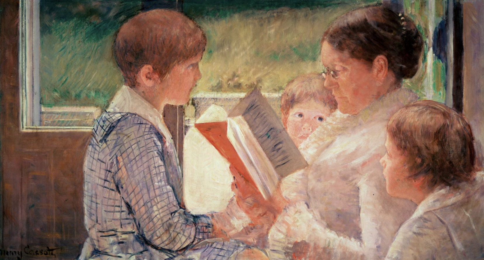 Gemälde einer Mutter, die ihren drei Kindern aus einem Buch vorliest.